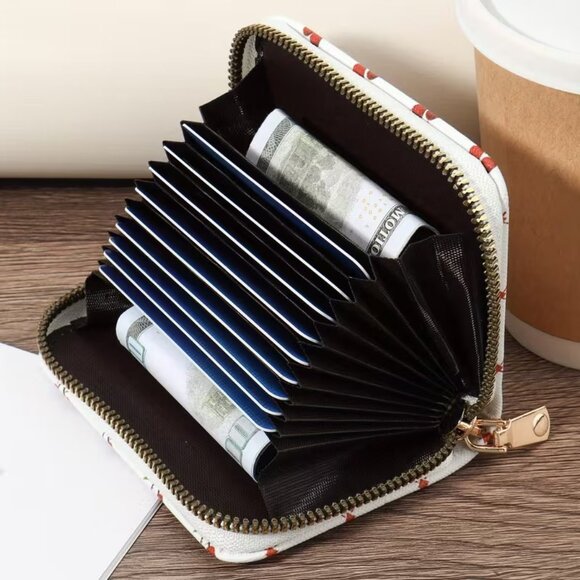 Cherry Print Zipper Card Holder Wallet Accordion Organizer Multi Slot Cute Mini - Picture 5 of 5